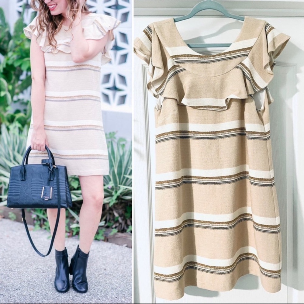 Paper Crown Tan and White Striped Mini Dress L